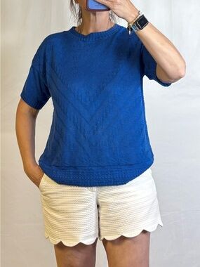 Classic Vintage Blue Knit Short-Sleeve Knit Top- Women's